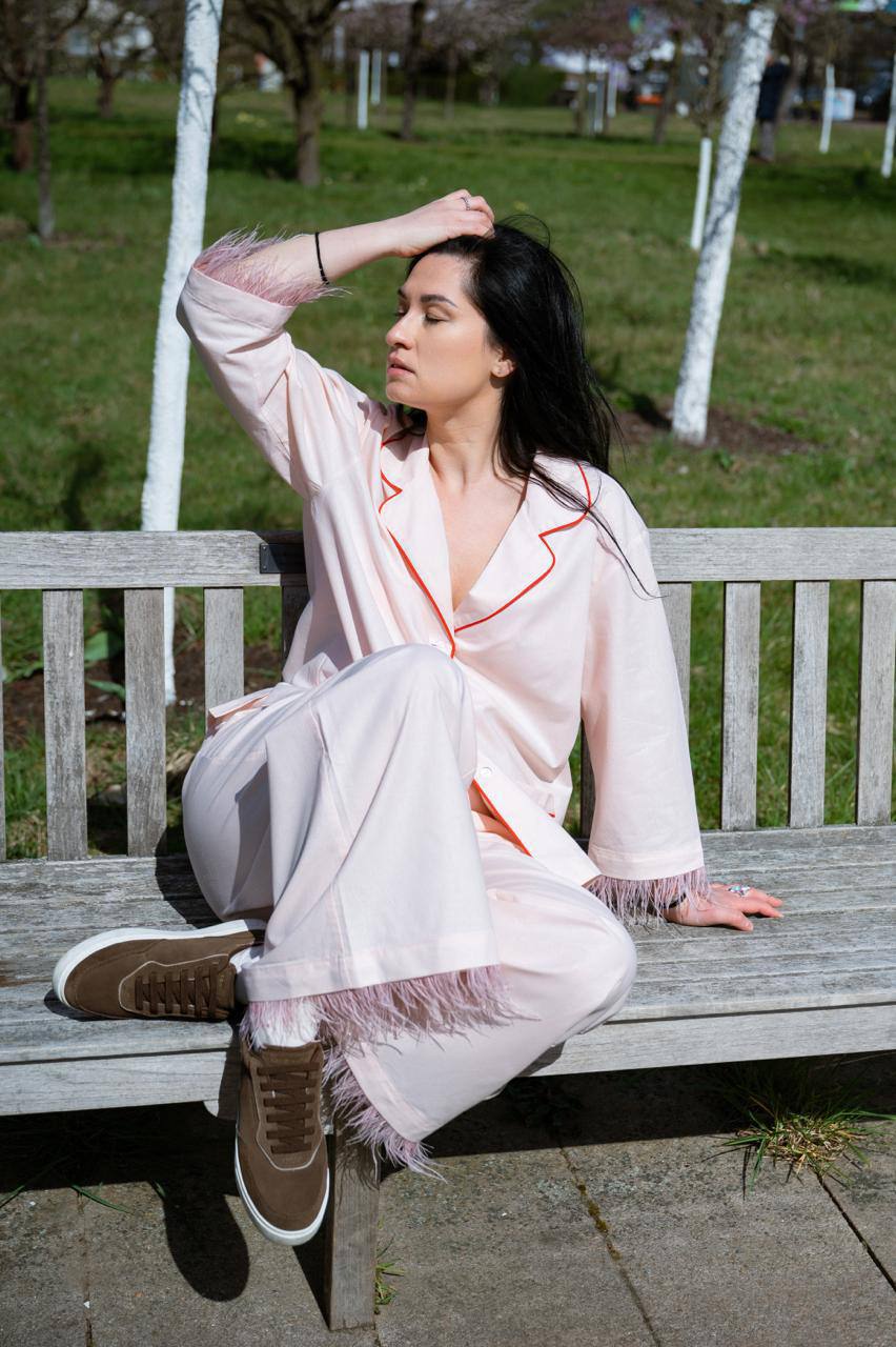 Model wearing the blush pink PJ set