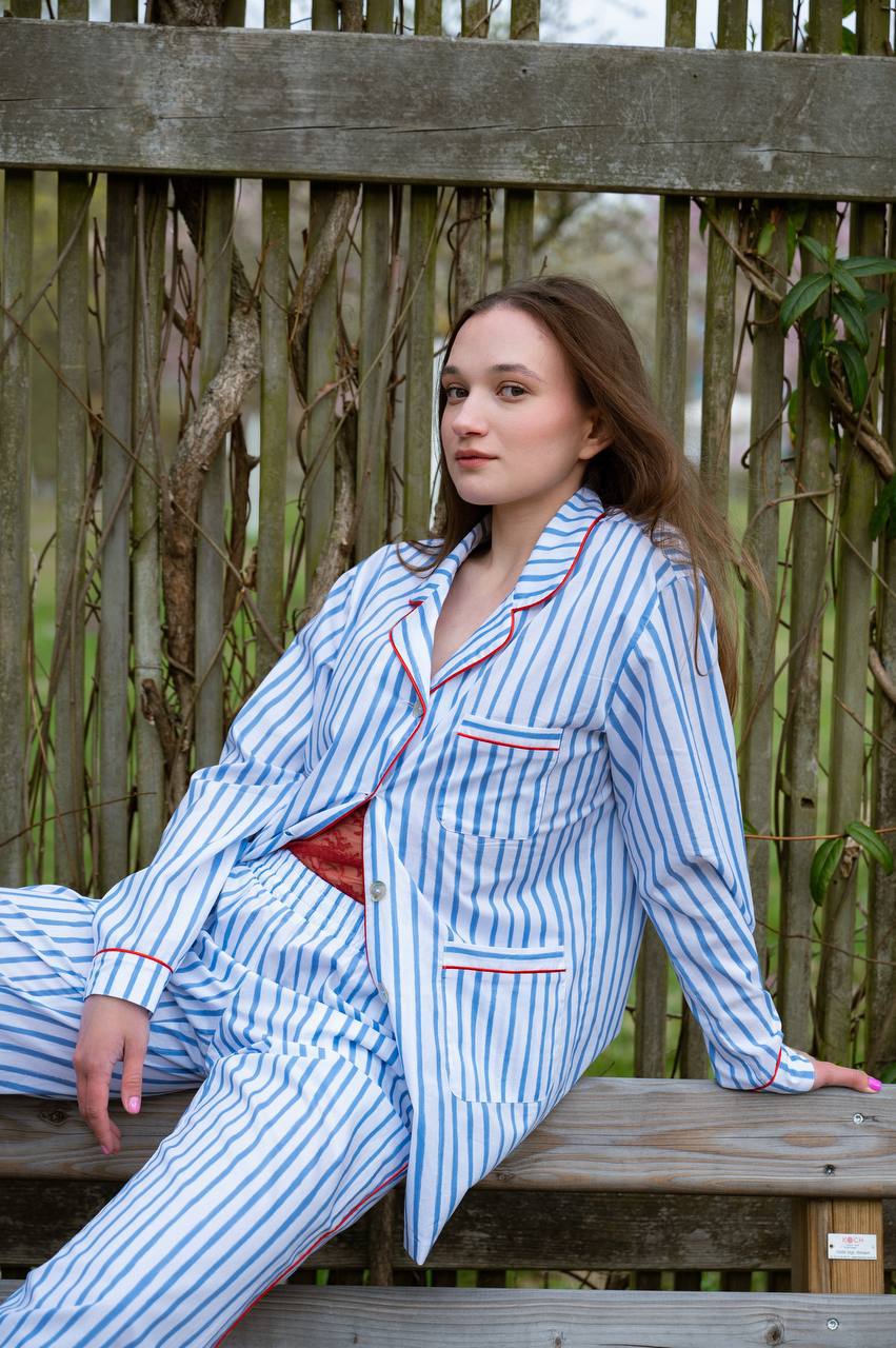 Model wearing the blue striped PJ set