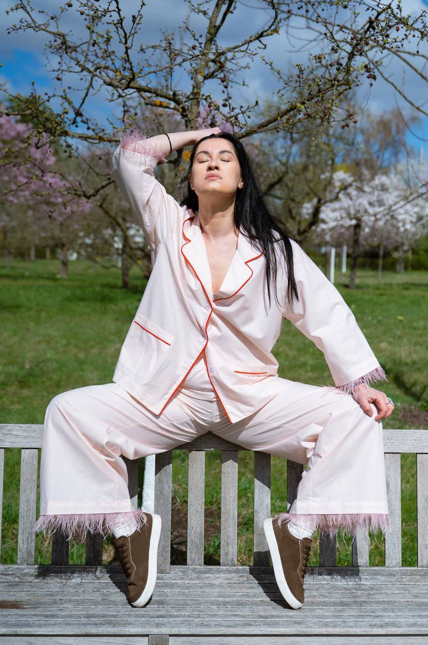 Model wearing the pale ivory PJ set