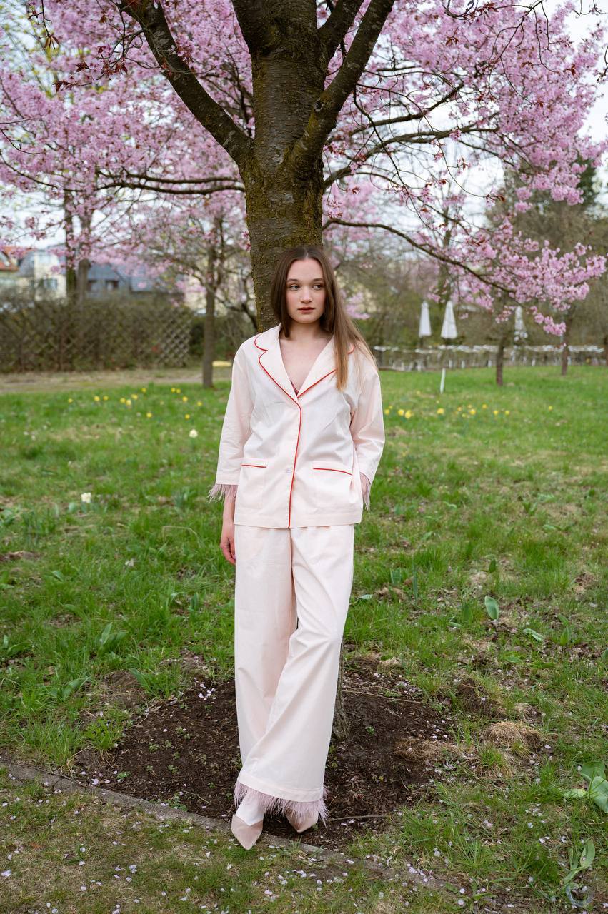 Model wearing the blush pink PJ set